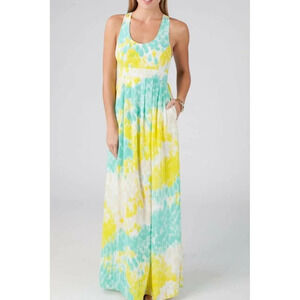 ANNIE GRIFFIN Sleeveless Babydoll Maxi Dress 2 Austin Silk Yellow Aqua Multi